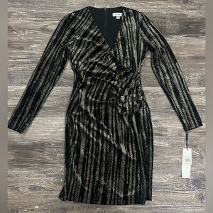NWT Calvin Klein Black/Gold Velvet Glitter Faux Wrap Long Sleeve Cocktail Dress
